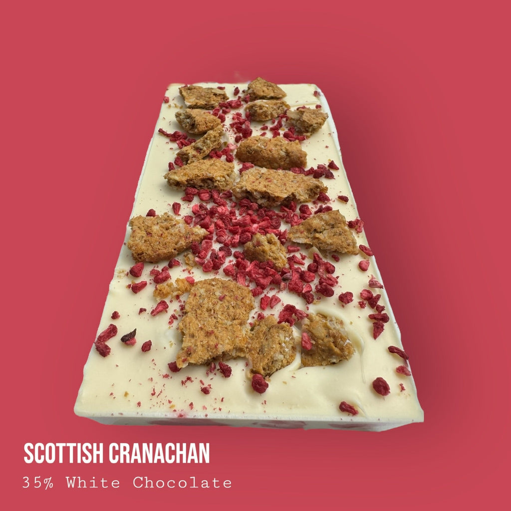 Scottish Cranachan Raspberry & Single Malt Whisky Honey Cream Topped with Oat Biscuit & Raspberries White Chocolate Dessert Bar 245g